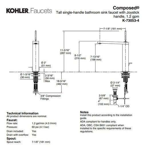 KOHLER Composed tall single handle bathroom sink faucet with joystick handle, 1.2 gpm in Vibrant Titanium