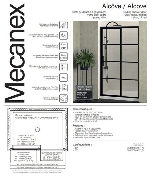 ZITTA - Shower door Mecanexin alcove, 48” sliding, Matte Black frame and clear glass